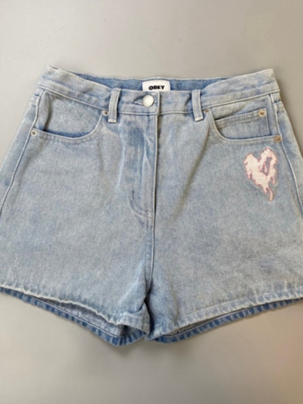 Obey Light Blue Denim Shorts with Pink Heart Patch